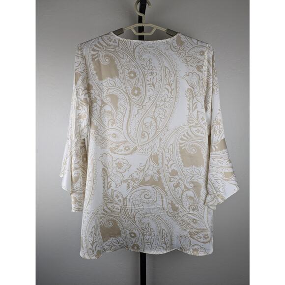 Susan Graver Beige Paisley Print Blouse Bell Sleeves Silky Satin - Picture 2 of 6
